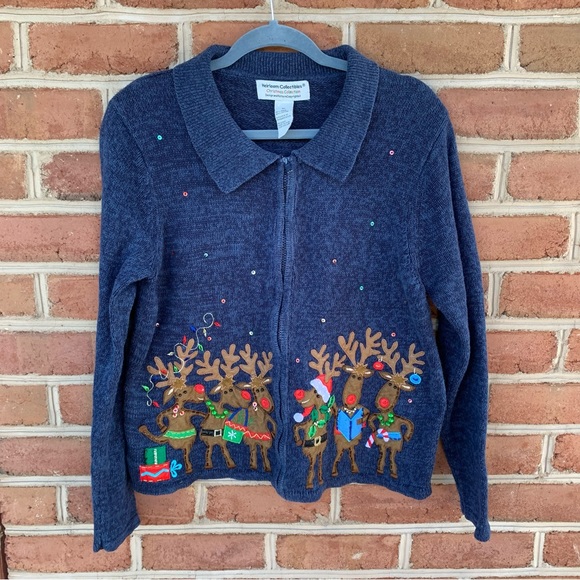 Festive singing & partying reindeer zip up sweater. Size XL - Picture 2 of 7